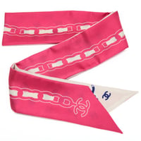 CHANEL Silk 100% Twilly Scarf Pink/White #74631