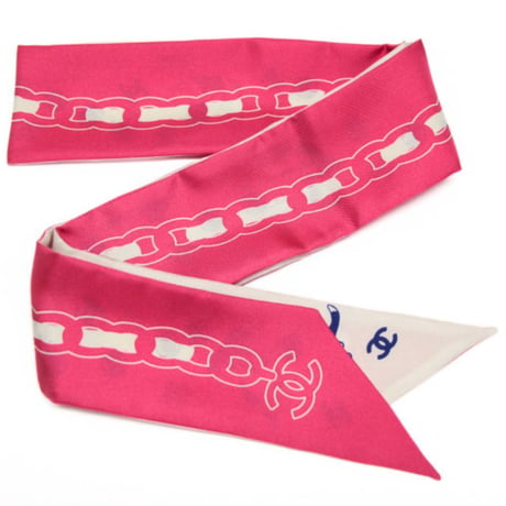 CHANEL Silk 100% Twilly Scarf Pink/White #74631