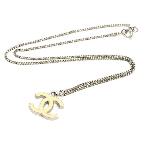 CHANEL CC Logo Pendant Necklace Silver-toned White 05V #18426