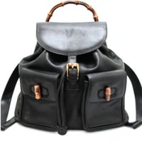 GUCCI Vintage Bamboo Handle Backpack Leather Black #71259
