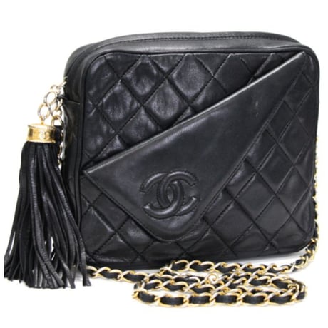 CHANEL Camera Bag with Fringe Charm Quilted Lambskin Black #74964