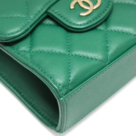 CHANEL Top Handle Flap Coin Purse with Chain Quilted Lambskin Green #74650