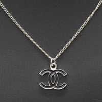 CHANEL CC Logo Pendant Necklace Silver-toned Black 04A #73950