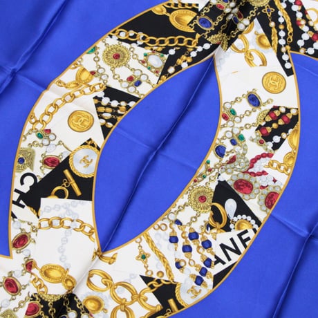 CHANEL Vintage Silk 100% Scarf Stole Blue #72494