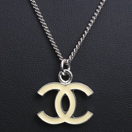CHANEL CC Logo Pendant Necklace Silver-toned White 05V #18426