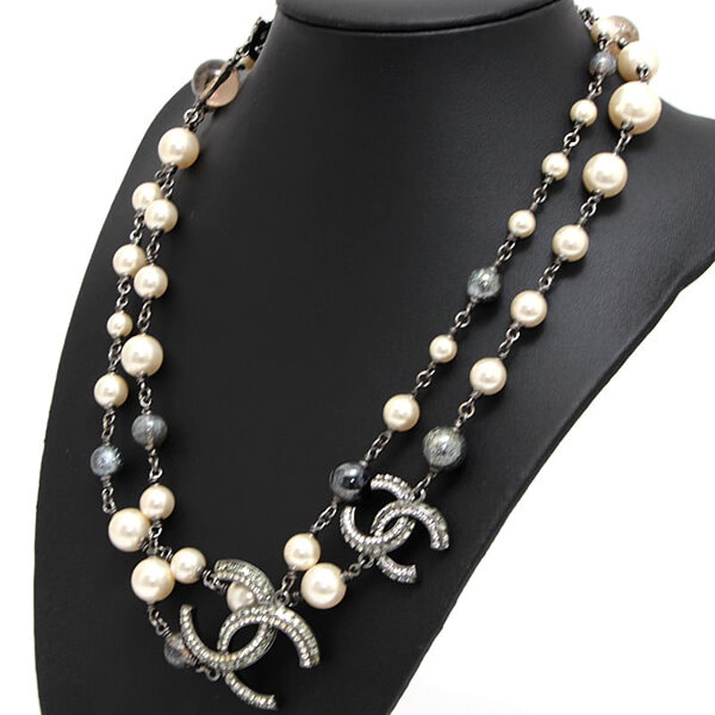 Chanel Silvertone Metal Resin Faux Pearl and Crystal CC Double