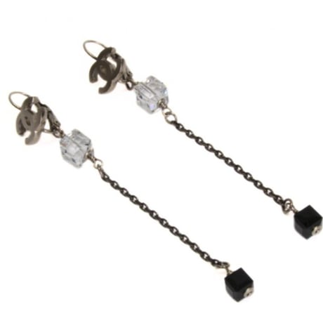 CHANEL CC Logo Acrylic Cube Dangle Pierced Earrings Silver-toned 08P ＃74090