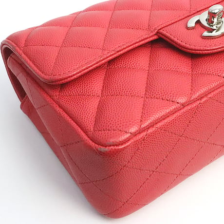 CHANEL Mini Rectangular Flap Bag Quilted Caviar Red ＃19220