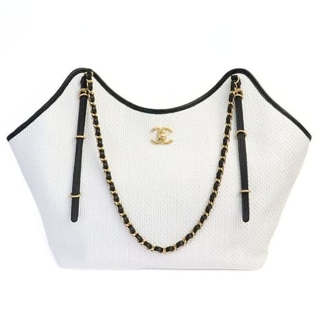 CHANEL Maxi Shopping Bag Raffia Calfskin White #19251