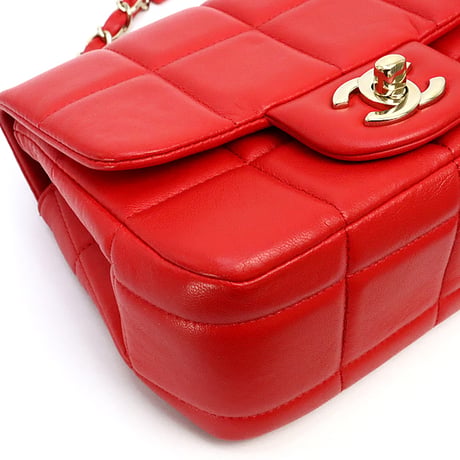 CHANEL Chocolate Bar Mini Square Flap Bag Quilted Lambskin Red＃74006