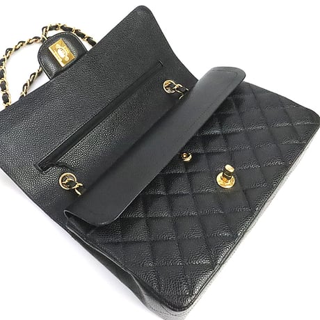 CHANEL Classic 25 Medium Double Flap Bag Quilted Caviar Black ＃75274