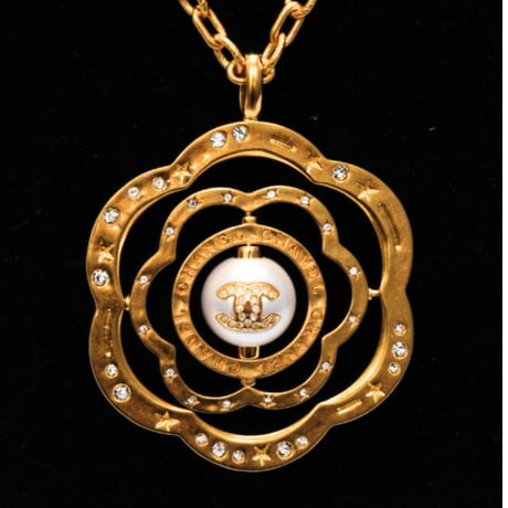 CHANEL CC Logo Camellia Pendant Necklace Faux Pearl Gold-toned B24K #73450