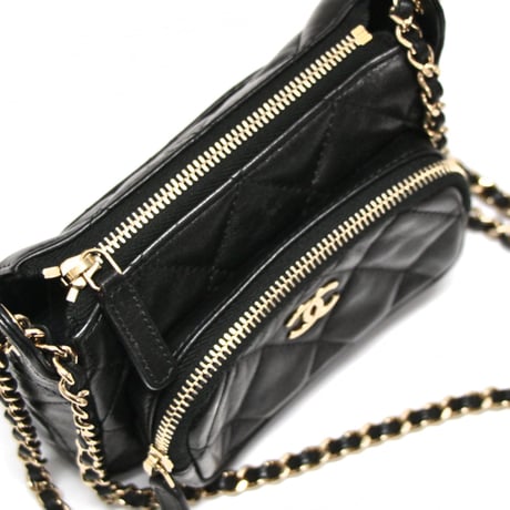 CHANEL Mini Clutch with Chain Shiny Crumpled Quilted Lambskin Black #74652