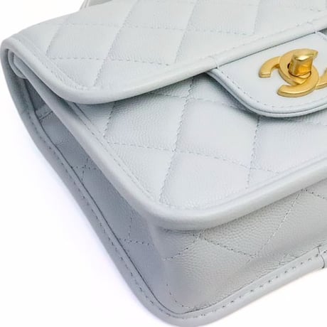 CHANEL Mini Top Handle Flap Bag with Clover Charm Quilted Caviar Pale Blue #19250
