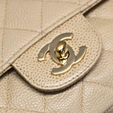 CHANEL Classic 25 Medium Double Flap Bag Quilted Caviar Beige ＃74654