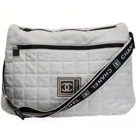 CHANEL Sports Line Chocolate Bar Messenger Bag Quilted Fabric Gray #74405