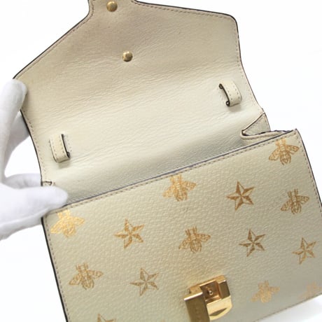 GUCCI Mini Sylvie Bee Star Top Handle Flap Bag Leather Ivory #72922