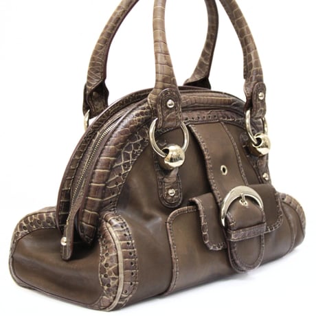 CELINE Bisbille Satchel Bag Crocodile Embossed Leather Light Brown #73940