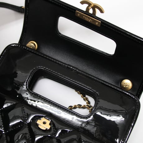 CHANEL Mini Graphic Catch Flap Bag Quilted Patent Black #73815
