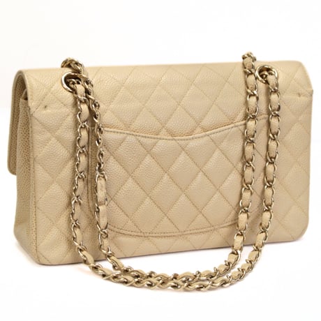 CHANEL Classic 25 Medium Double Flap Bag Quilted Caviar Beige ＃74654