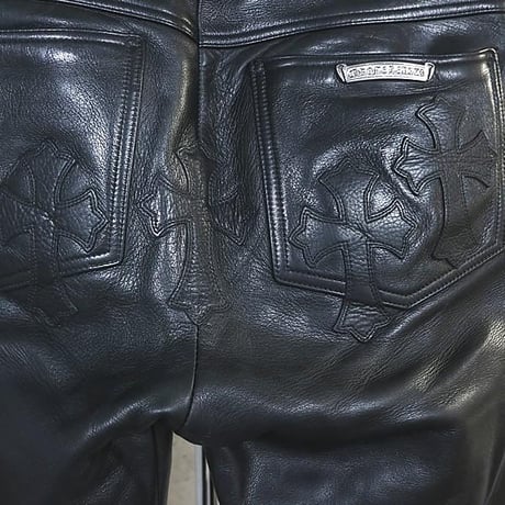 Chrome Hearts Fleur Knee Leather Pants with Cross Patch #102433