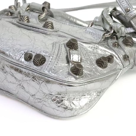 BALENCIAGA Nano Cagole Shoulder Bag Leather Metallic Silver＃19476