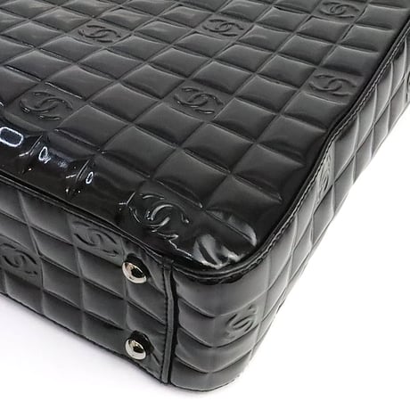 CHANEL Chocolate Bar Tote Bag Quilted Patent Black #75240