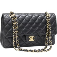 CHANEL Classic 25 Medium Double Flap Bag Quilted Lambskin Black ＃74778