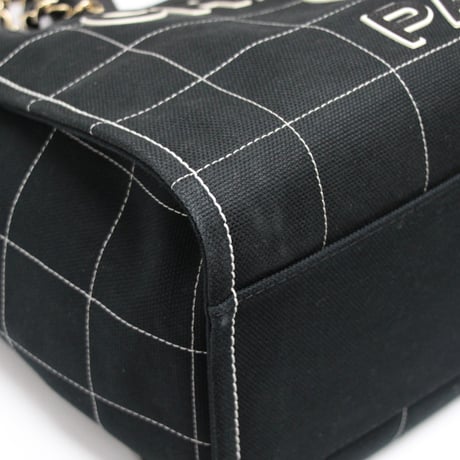 CHANEL Medium Deauville Tote Bag Square Stitch Cotton Canvas Black #74406