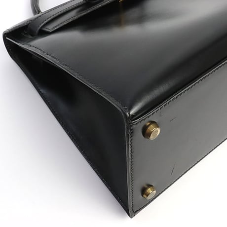 HERMES Sellier Kelly 28 Handbag Boxcalf Leather Black ＃19411