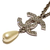 CHANEL CC Logo Necklace Crystal Faux Pearl Silver-toned C20A #69355