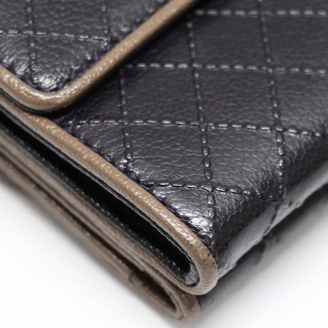 CHANEL CC Logo Trifold Wallet Wild Stitch Leather Navy Beige #748832