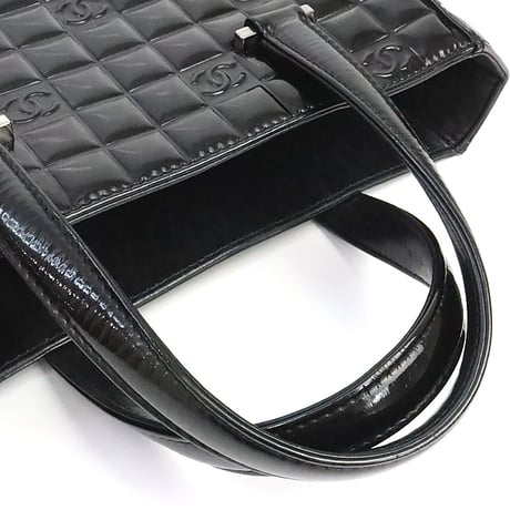 CHANEL Chocolate Bar Tote Bag Quilted Patent Black #75240