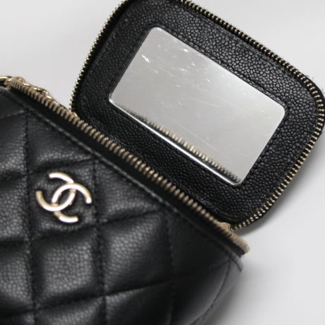 CHANEL Mini Square Vanity Case with CC Logo Chain Quilted Caviar Black #73901