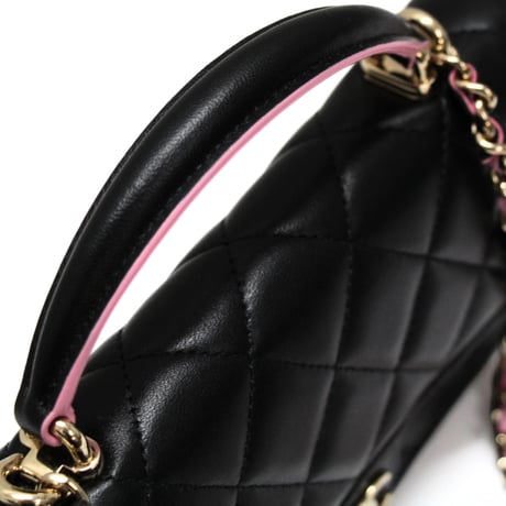 CHANEL Top Handle Flap Wallet on Chain Quilted Lambskin Black Pink #74657