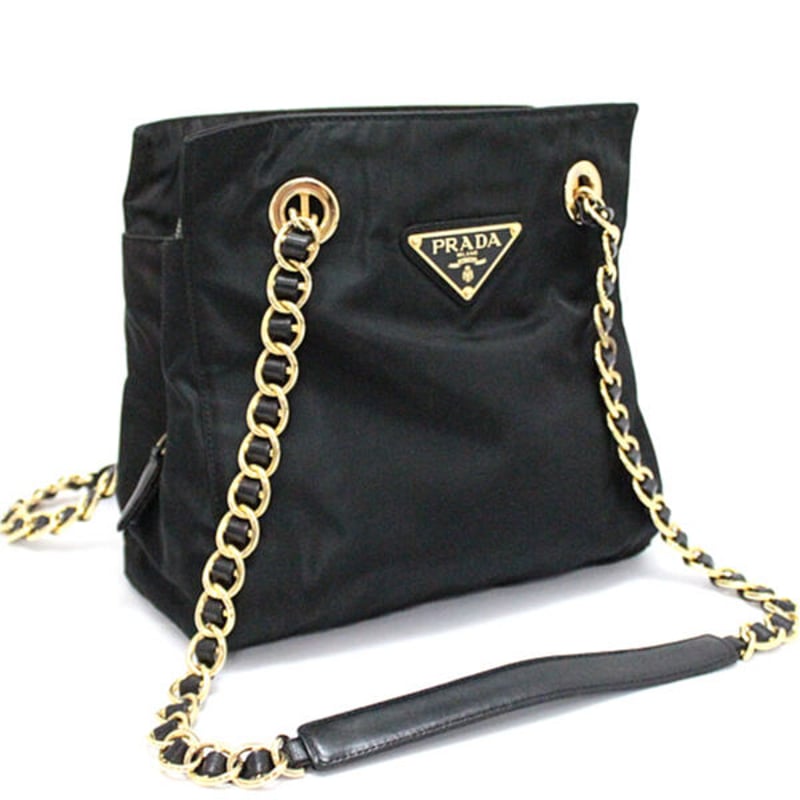 PRADA Nylon & Leather Chain Shoulder Bag Black