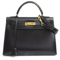 HERMES Sellier Kelly 32 Handbag Boxcalf Leather Black ＃19302
