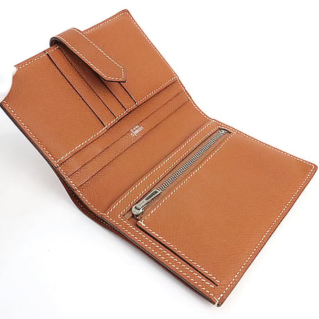 HERMES Bearn Compact Wallet Epsom Leather Cognac #19413