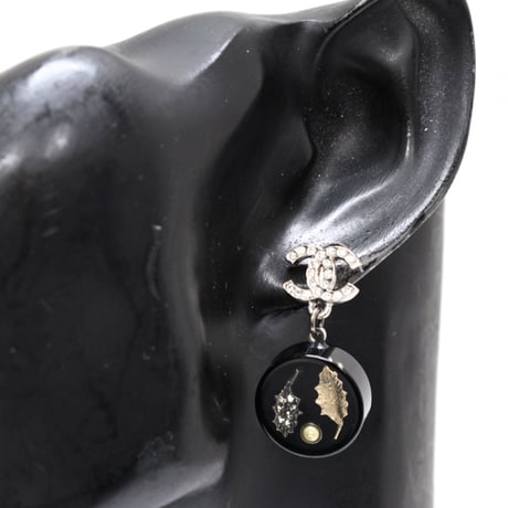 CHANEL CC Logo Dangle Pierced Earrings Crystal Silver-toned Resin 11A #72483