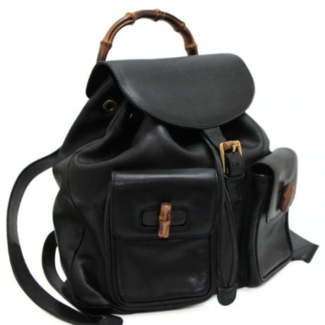 GUCCI Vintage Bamboo Handle Backpack Leather Black #71259
