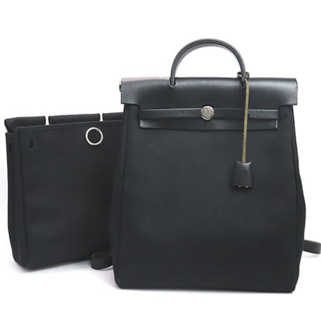 HERMES Herbag Ado PM Toile Officier Vache Hunter Leather Black ＃18372