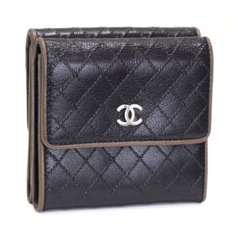 CHANEL CC Logo Trifold Wallet Wild Stitch Leather Navy Beige #748832