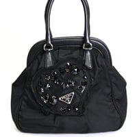 PRADA Bead Embroidered Mini Handbag Nylon Black ＃74972