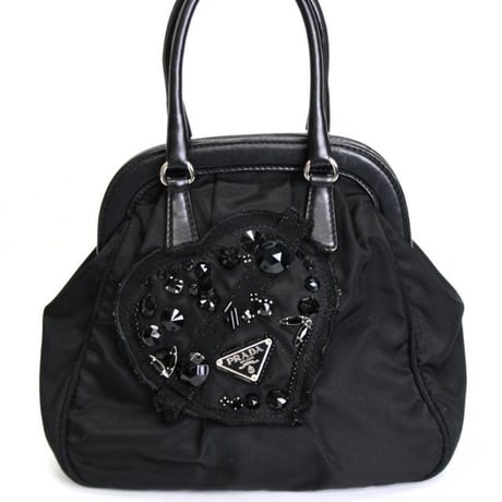 PRADA Bead Embroidered Mini Handbag Nylon Black ＃74972