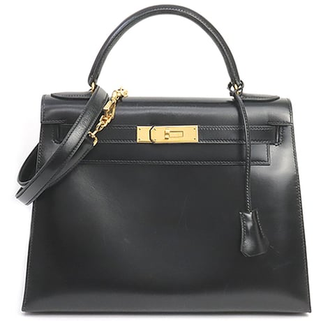 HERMES Sellier Kelly 28 Handbag Boxcalf Leather Black ＃19411