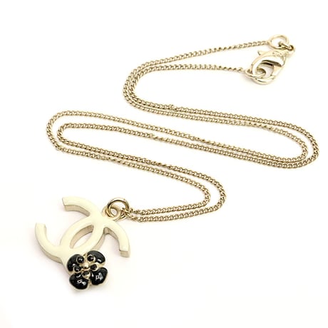 CHANEL CC Logo Camelia Pendant Necklace Gold-toned White B12P #18515