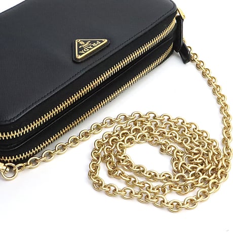 PRADA Double Zipped Wallet on Chain Saffiano Leather Black 1BP024 #19163