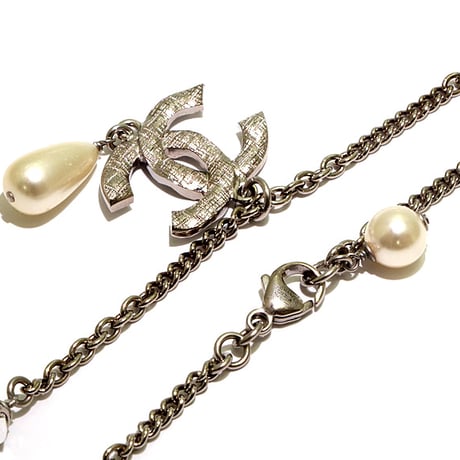 CHANEL CC Logo Necklace Crystal Faux Pearl Silver-toned C20A #69355