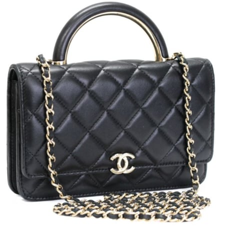 CHANEL Top Handle Flap Wallet on Chain Quilted Lambskin Black #74834