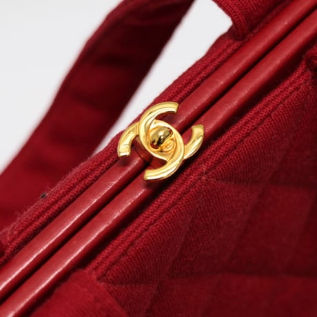 CHANEL CC Logo Kisslock Handbag Quilted Jersey Red #74786